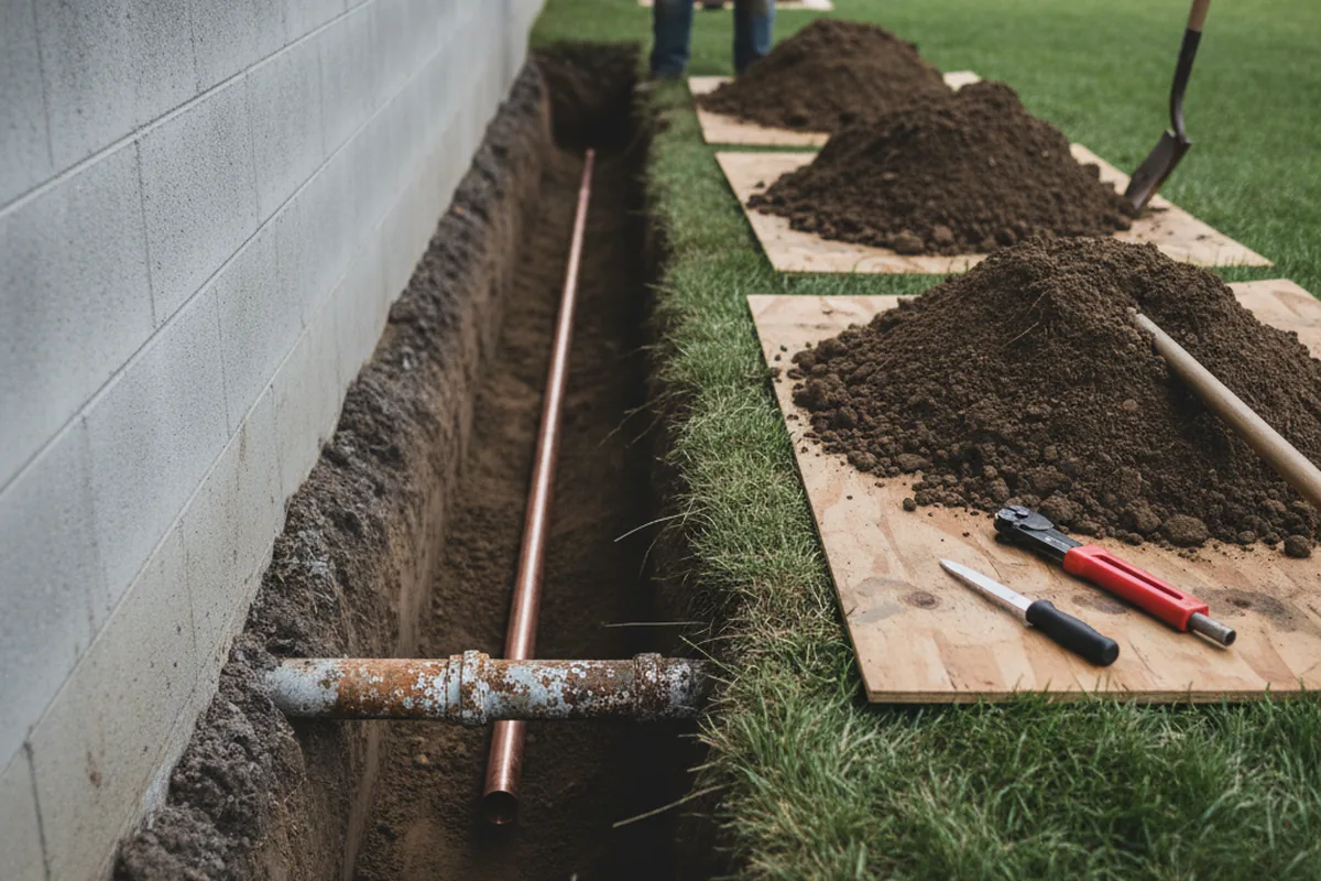 Excavated water line trench during Sewer Line Repair in Pine Valley
